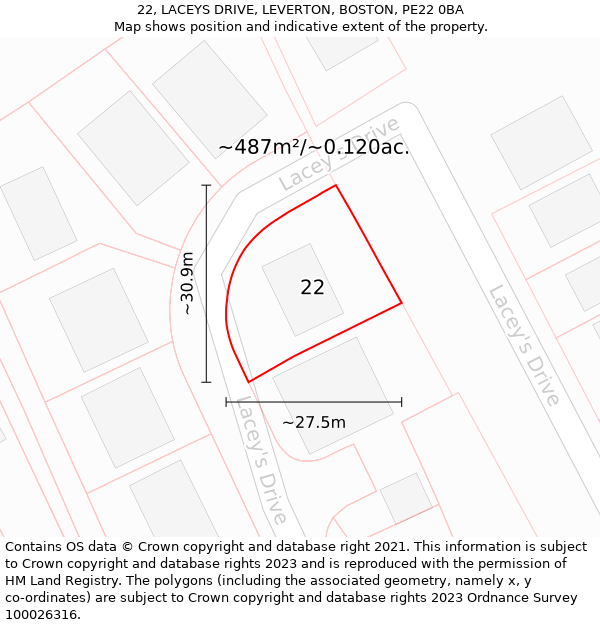 22, LACEYS DRIVE, LEVERTON, BOSTON, PE22 0BA: Plot and title map