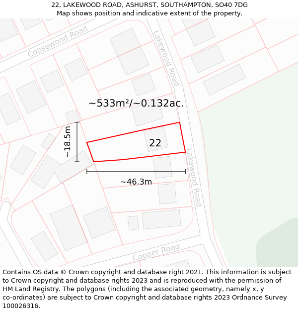 22, LAKEWOOD ROAD, ASHURST, SOUTHAMPTON, SO40 7DG: Plot and title map