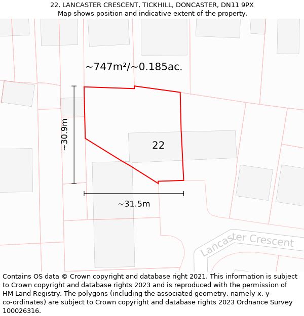 22, LANCASTER CRESCENT, TICKHILL, DONCASTER, DN11 9PX: Plot and title map