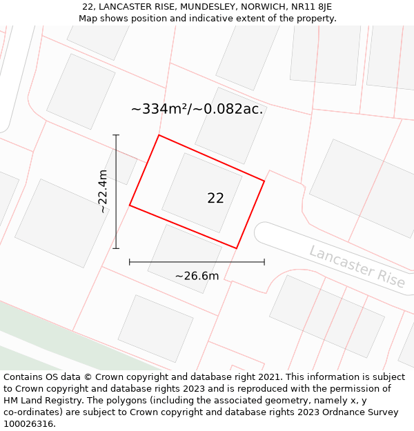 22, LANCASTER RISE, MUNDESLEY, NORWICH, NR11 8JE: Plot and title map