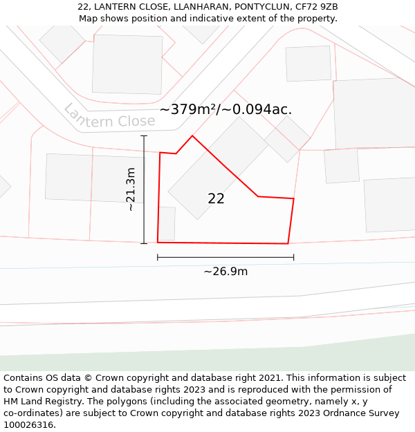 22, LANTERN CLOSE, LLANHARAN, PONTYCLUN, CF72 9ZB: Plot and title map