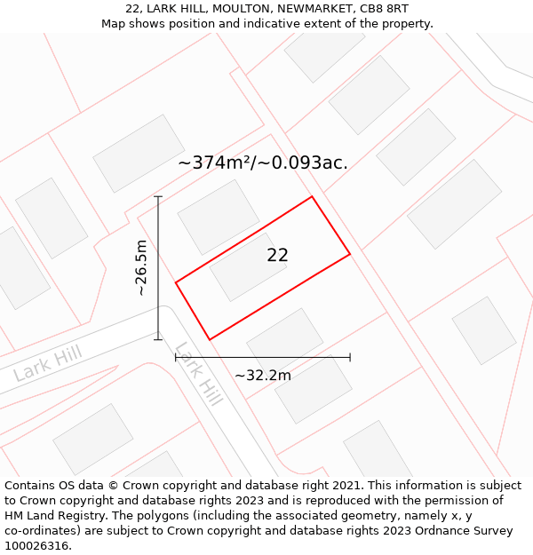 22, LARK HILL, MOULTON, NEWMARKET, CB8 8RT: Plot and title map