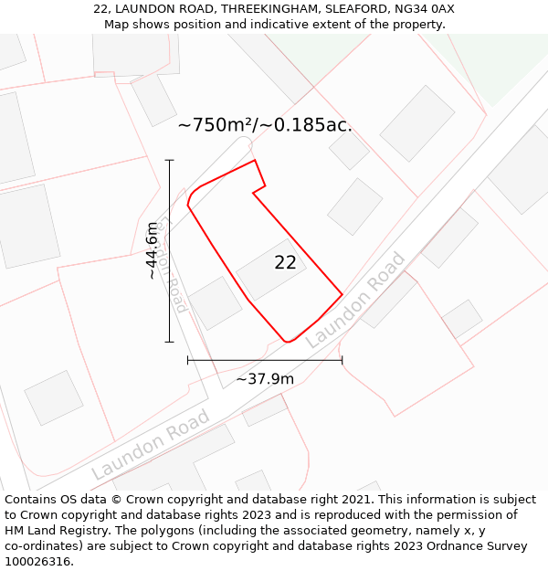 22, LAUNDON ROAD, THREEKINGHAM, SLEAFORD, NG34 0AX: Plot and title map