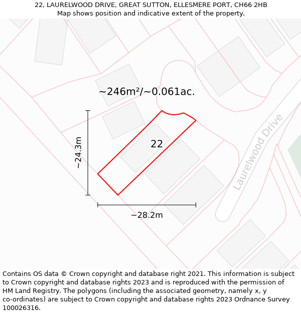 22, LAURELWOOD DRIVE, GREAT SUTTON, ELLESMERE PORT, CH66 2HB: Plot and title map