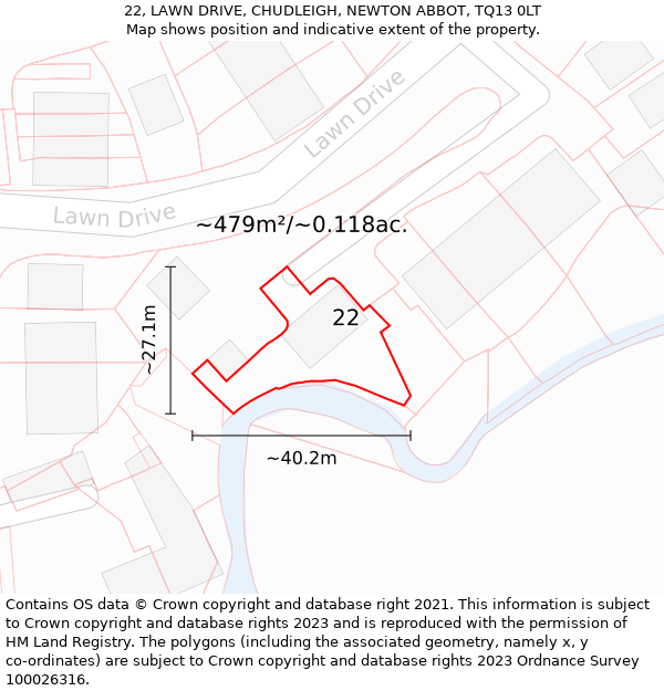 22, LAWN DRIVE, CHUDLEIGH, NEWTON ABBOT, TQ13 0LT: Plot and title map