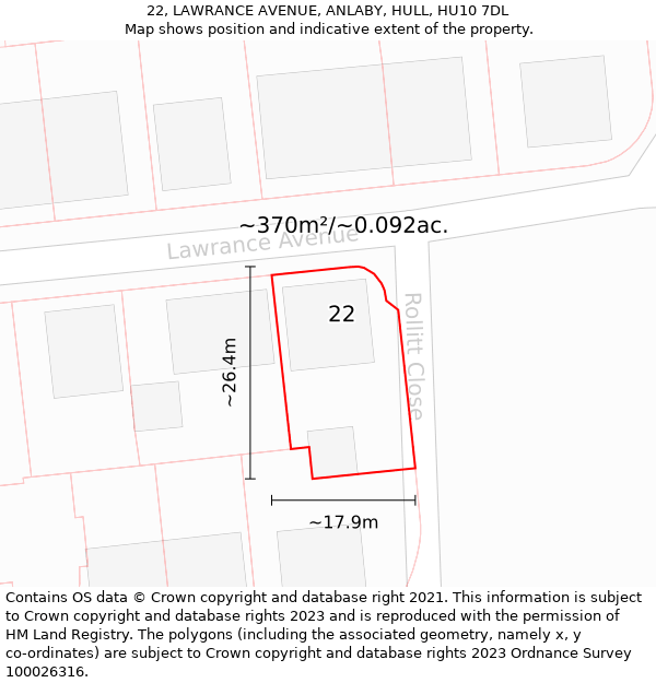 22, LAWRANCE AVENUE, ANLABY, HULL, HU10 7DL: Plot and title map