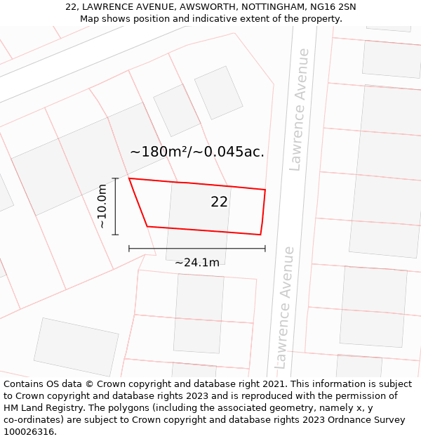 22, LAWRENCE AVENUE, AWSWORTH, NOTTINGHAM, NG16 2SN: Plot and title map