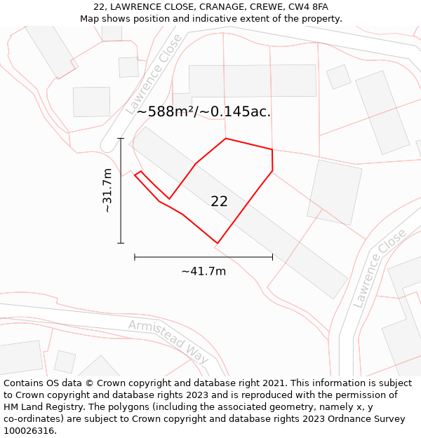 22, LAWRENCE CLOSE, CRANAGE, CREWE, CW4 8FA: Plot and title map