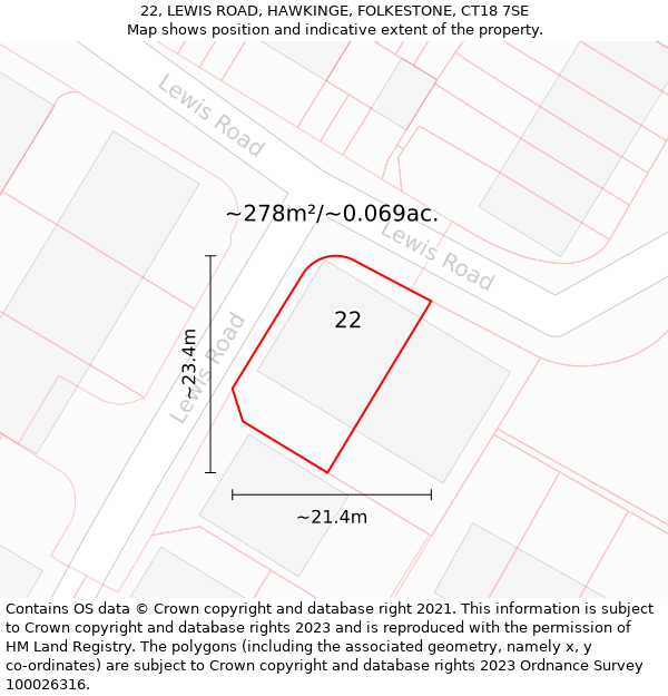 22, LEWIS ROAD, HAWKINGE, FOLKESTONE, CT18 7SE: Plot and title map