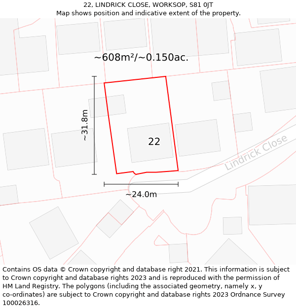22, LINDRICK CLOSE, WORKSOP, S81 0JT: Plot and title map