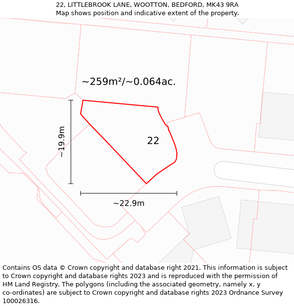 22, LITTLEBROOK LANE, WOOTTON, BEDFORD, MK43 9RA: Plot and title map