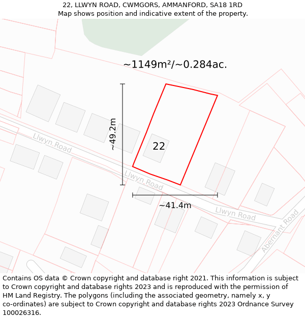 22, LLWYN ROAD, CWMGORS, AMMANFORD, SA18 1RD: Plot and title map