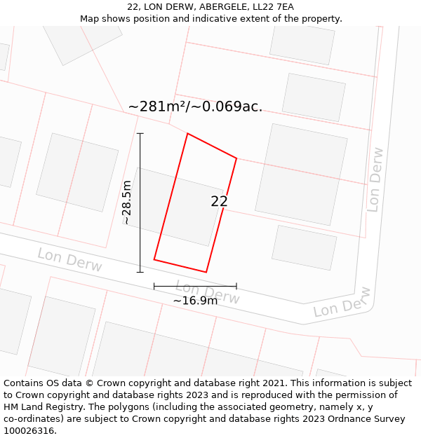 22, LON DERW, ABERGELE, LL22 7EA: Plot and title map