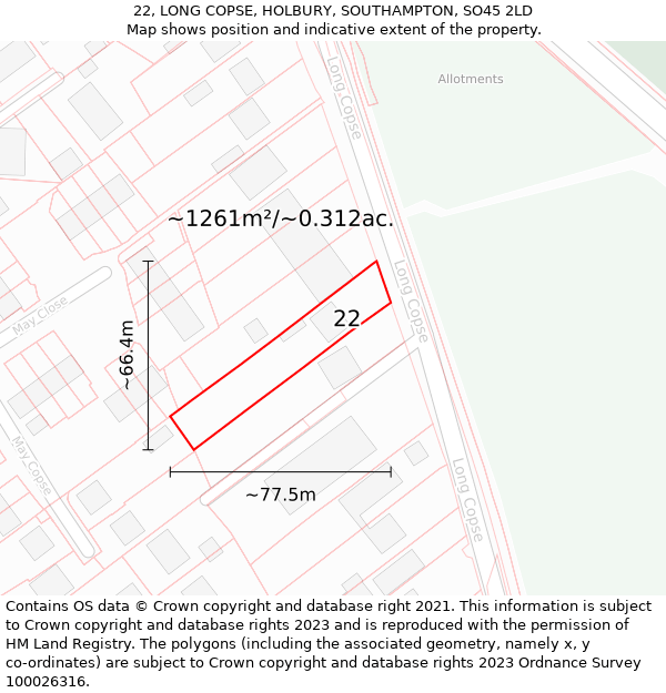 22, LONG COPSE, HOLBURY, SOUTHAMPTON, SO45 2LD: Plot and title map