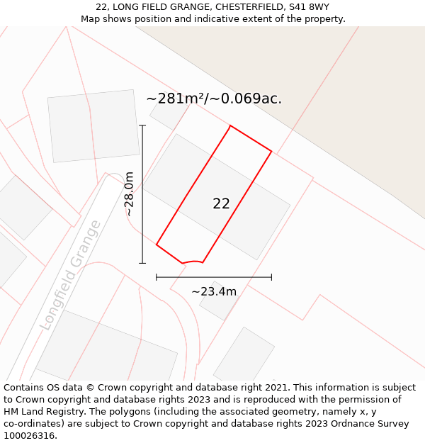 22, LONG FIELD GRANGE, CHESTERFIELD, S41 8WY: Plot and title map