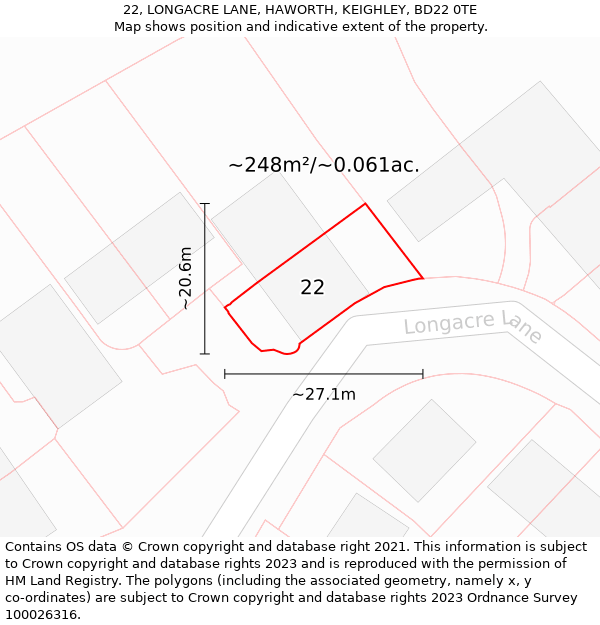 22, LONGACRE LANE, HAWORTH, KEIGHLEY, BD22 0TE: Plot and title map