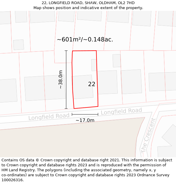 22, LONGFIELD ROAD, SHAW, OLDHAM, OL2 7HD: Plot and title map