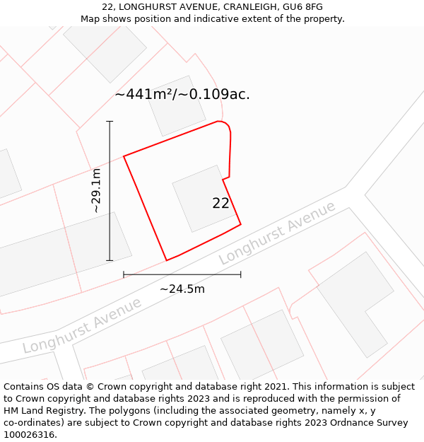 22, LONGHURST AVENUE, CRANLEIGH, GU6 8FG: Plot and title map