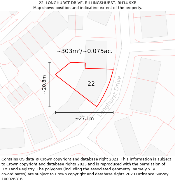 22, LONGHURST DRIVE, BILLINGSHURST, RH14 9XR: Plot and title map