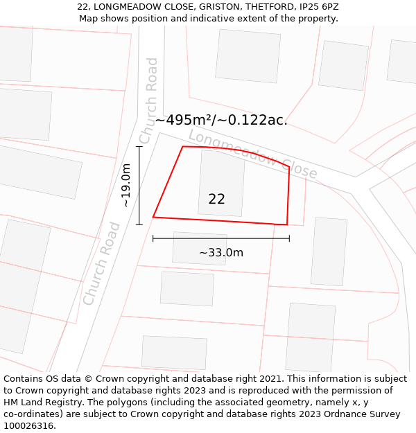 22, LONGMEADOW CLOSE, GRISTON, THETFORD, IP25 6PZ: Plot and title map