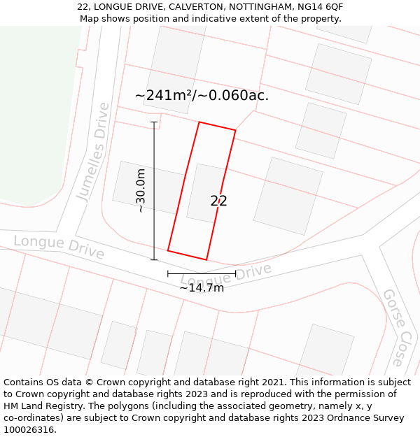 22, LONGUE DRIVE, CALVERTON, NOTTINGHAM, NG14 6QF: Plot and title map