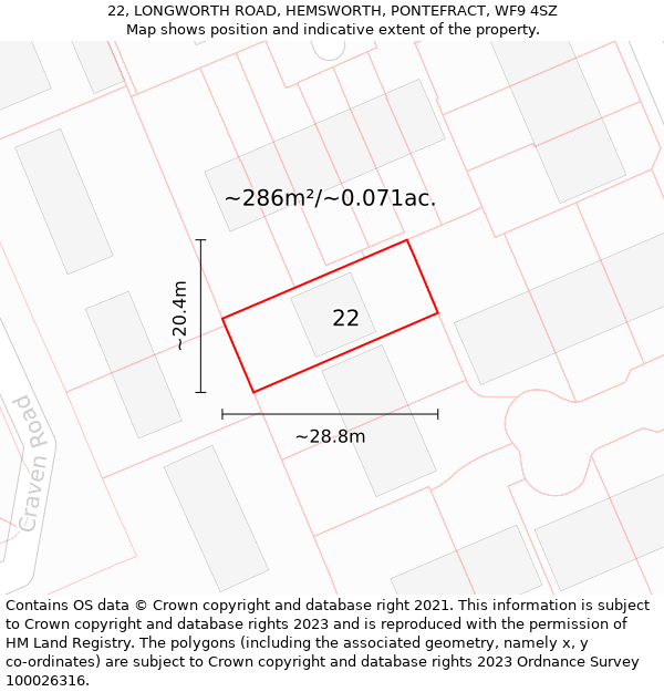 22, LONGWORTH ROAD, HEMSWORTH, PONTEFRACT, WF9 4SZ: Plot and title map