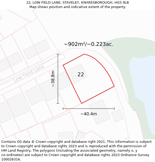 22, LOW FIELD LANE, STAVELEY, KNARESBOROUGH, HG5 9LB: Plot and title map
