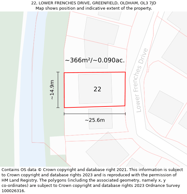 22, LOWER FRENCHES DRIVE, GREENFIELD, OLDHAM, OL3 7JD: Plot and title map