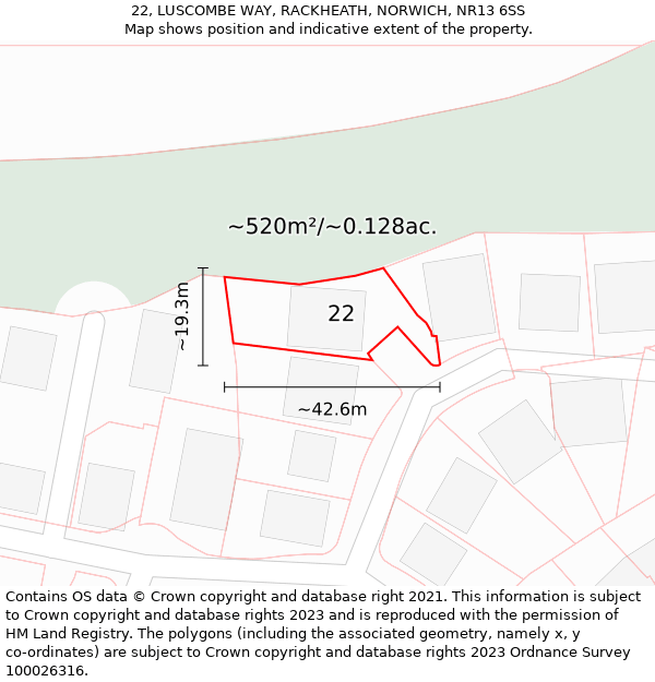 22, LUSCOMBE WAY, RACKHEATH, NORWICH, NR13 6SS: Plot and title map