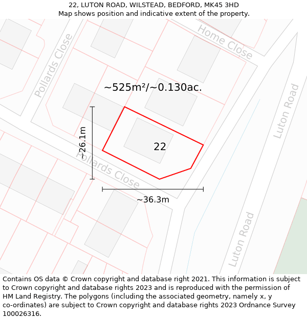 22, LUTON ROAD, WILSTEAD, BEDFORD, MK45 3HD: Plot and title map