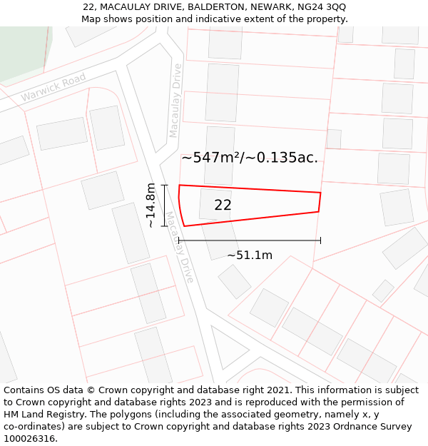 22, MACAULAY DRIVE, BALDERTON, NEWARK, NG24 3QQ: Plot and title map