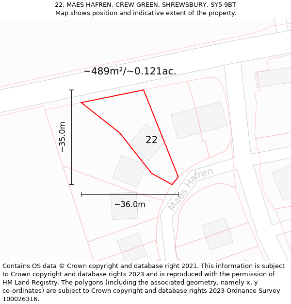 22, MAES HAFREN, CREW GREEN, SHREWSBURY, SY5 9BT: Plot and title map