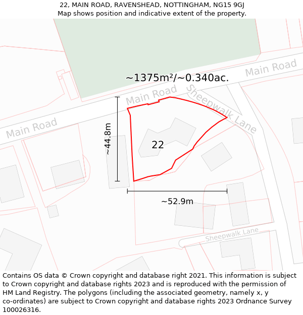 22, MAIN ROAD, RAVENSHEAD, NOTTINGHAM, NG15 9GJ: Plot and title map