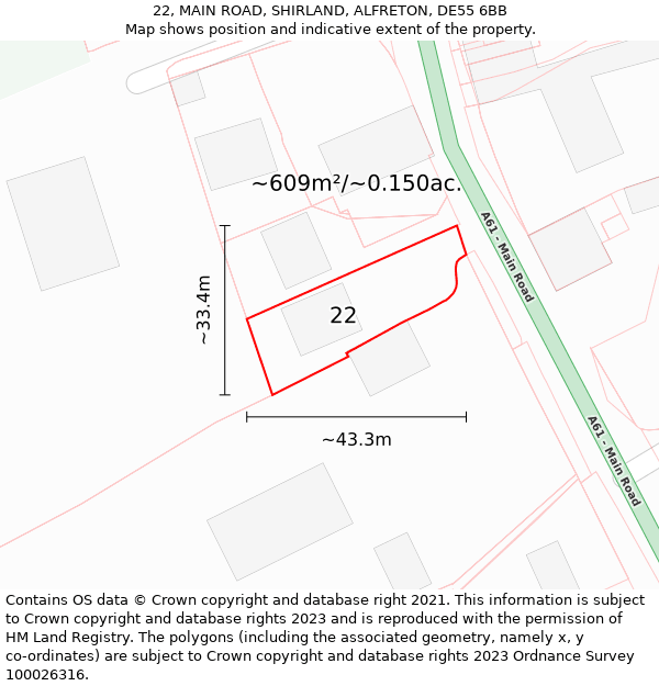 22, MAIN ROAD, SHIRLAND, ALFRETON, DE55 6BB: Plot and title map