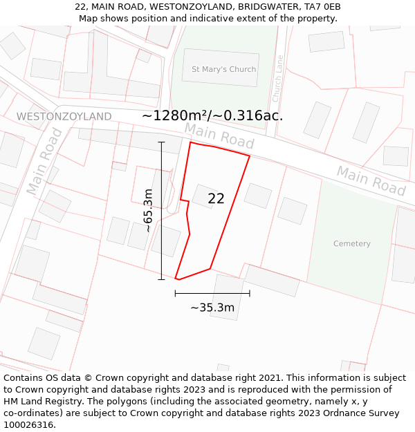 22, MAIN ROAD, WESTONZOYLAND, BRIDGWATER, TA7 0EB: Plot and title map