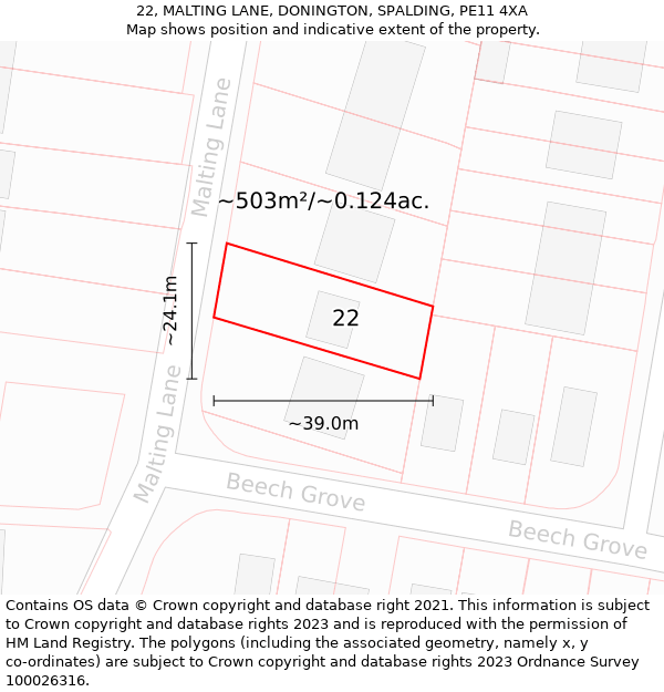 22, MALTING LANE, DONINGTON, SPALDING, PE11 4XA: Plot and title map