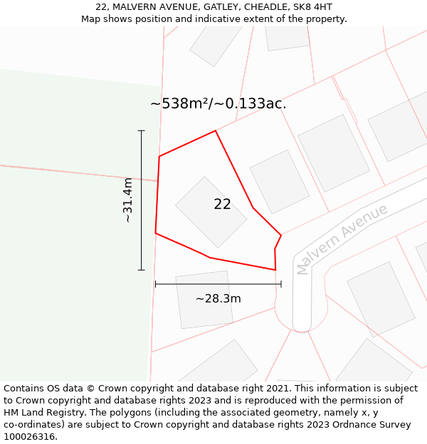 22, MALVERN AVENUE, GATLEY, CHEADLE, SK8 4HT: Plot and title map