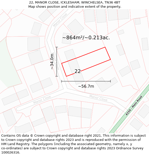 22, MANOR CLOSE, ICKLESHAM, WINCHELSEA, TN36 4BT: Plot and title map