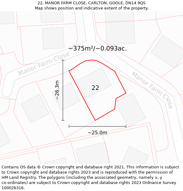 22, MANOR FARM CLOSE, CARLTON, GOOLE, DN14 9QS: Plot and title map
