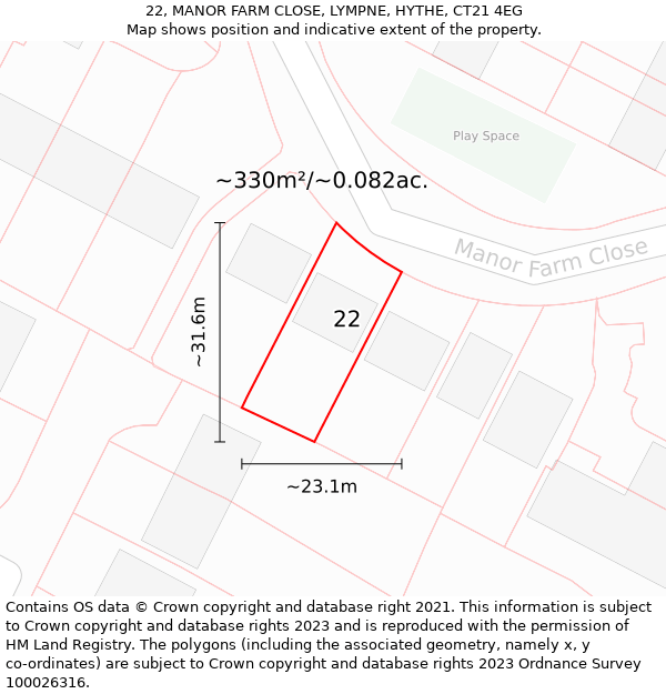 22, MANOR FARM CLOSE, LYMPNE, HYTHE, CT21 4EG: Plot and title map