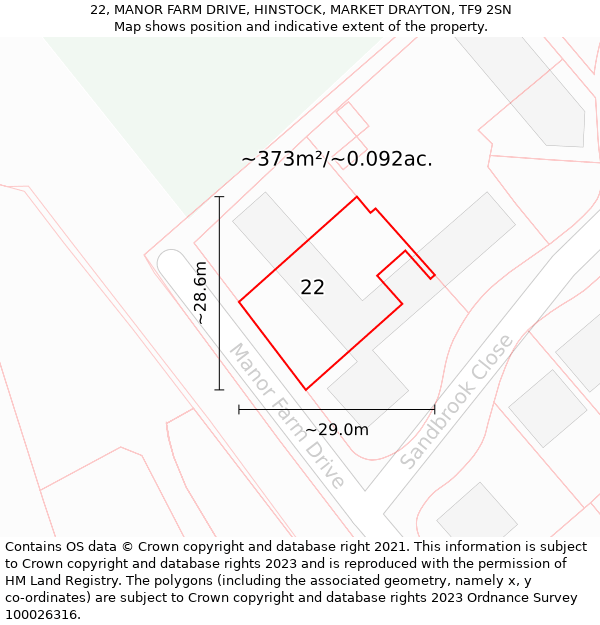 22, MANOR FARM DRIVE, HINSTOCK, MARKET DRAYTON, TF9 2SN: Plot and title map