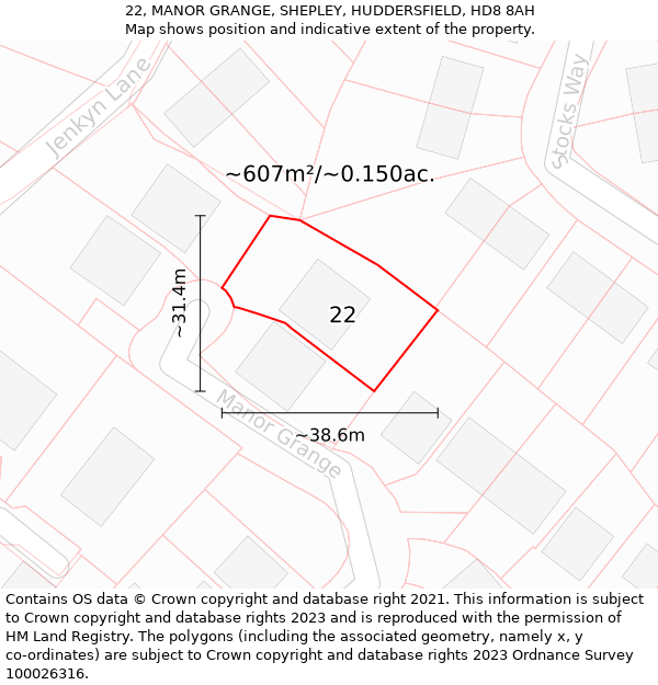 22, MANOR GRANGE, SHEPLEY, HUDDERSFIELD, HD8 8AH: Plot and title map