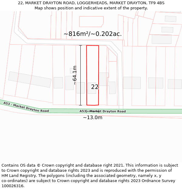 22, MARKET DRAYTON ROAD, LOGGERHEADS, MARKET DRAYTON, TF9 4BS: Plot and title map