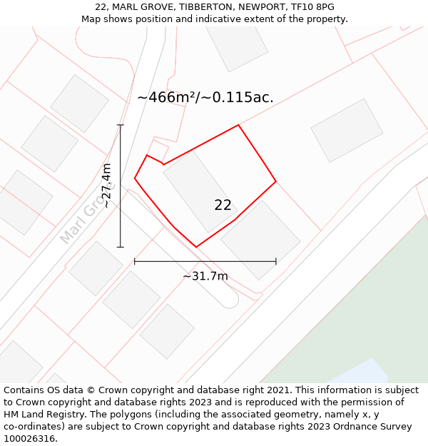22, MARL GROVE, TIBBERTON, NEWPORT, TF10 8PG: Plot and title map