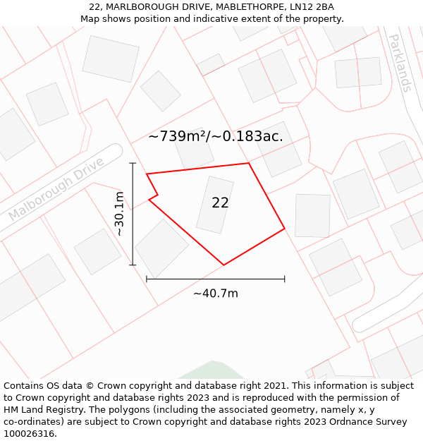 22, MARLBOROUGH DRIVE, MABLETHORPE, LN12 2BA: Plot and title map