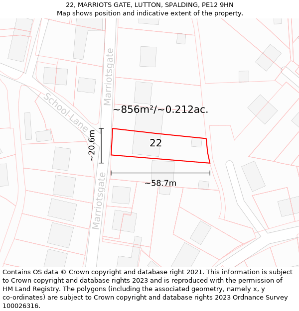 22, MARRIOTS GATE, LUTTON, SPALDING, PE12 9HN: Plot and title map