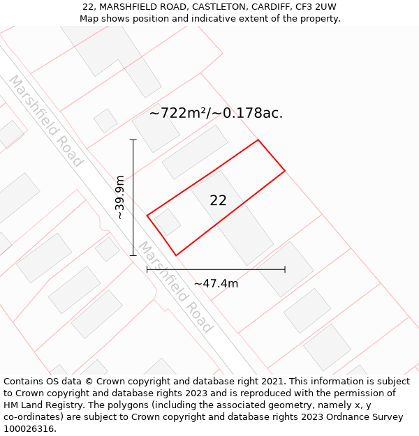 22, MARSHFIELD ROAD, CASTLETON, CARDIFF, CF3 2UW: Plot and title map