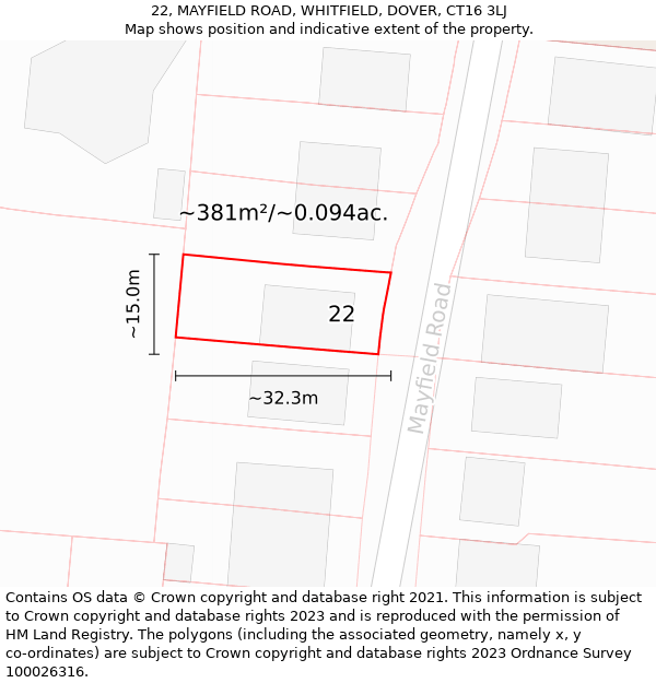 22, MAYFIELD ROAD, WHITFIELD, DOVER, CT16 3LJ: Plot and title map