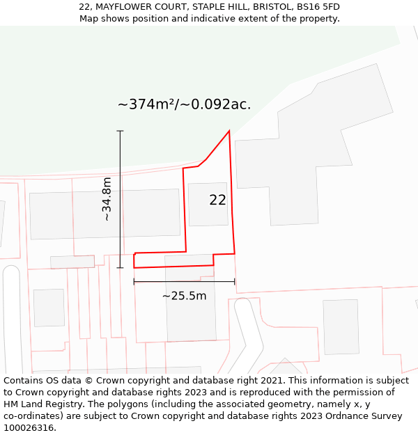 22, MAYFLOWER COURT, STAPLE HILL, BRISTOL, BS16 5FD: Plot and title map