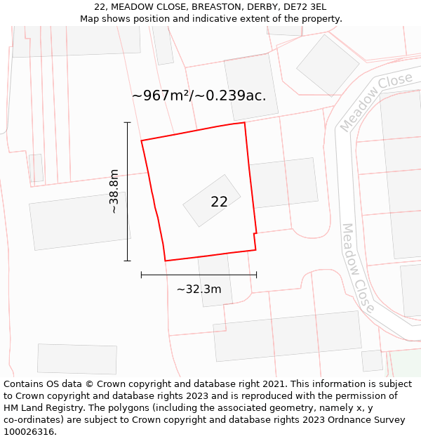 22, MEADOW CLOSE, BREASTON, DERBY, DE72 3EL: Plot and title map